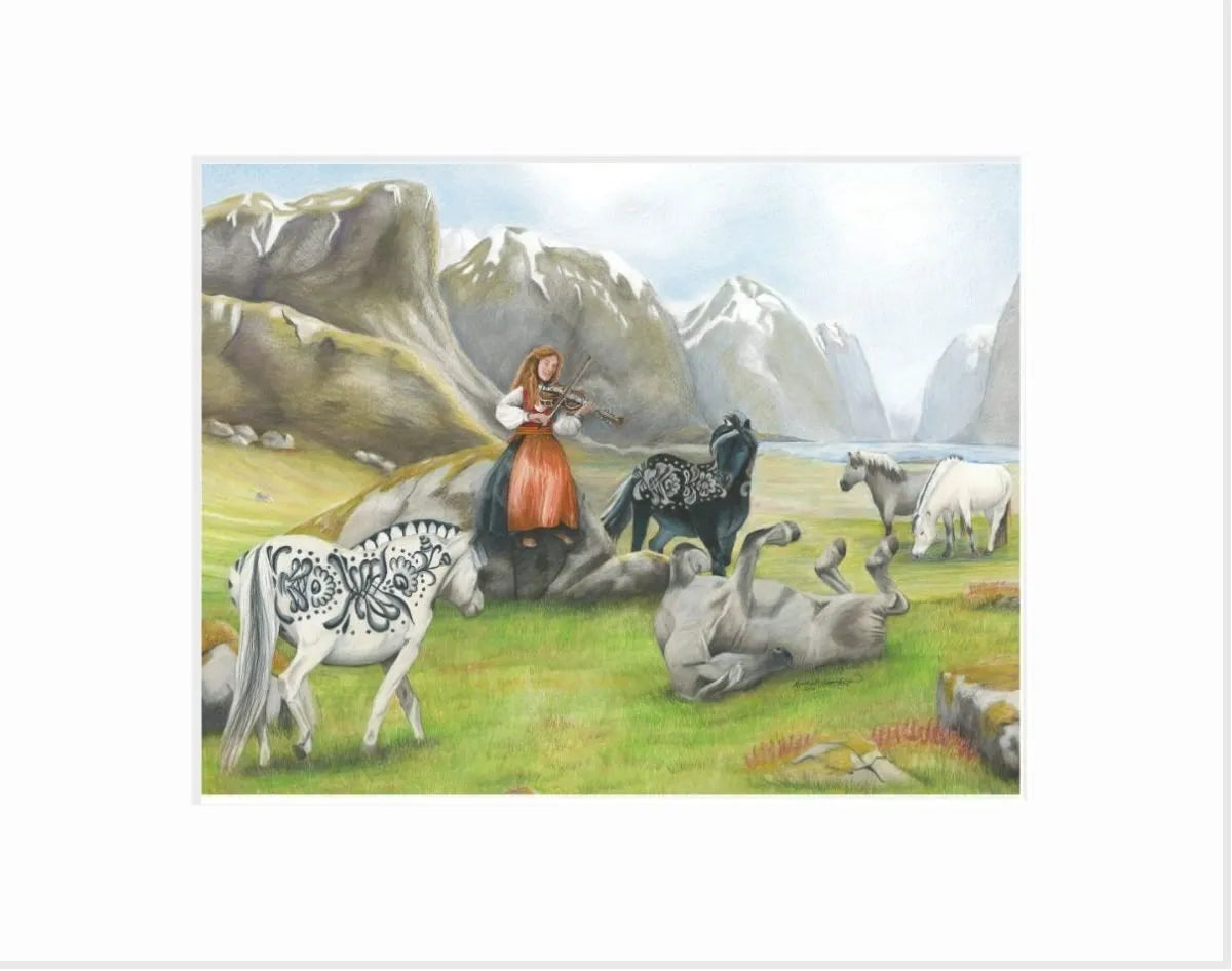 In a mountainous landscape, a woman plays her violin, filling the air with the spirit of Dala Horse Serenade as intricately patterned horses rest around like a scene from a colored pencil drawing, captured exquisitely in this giclée print.