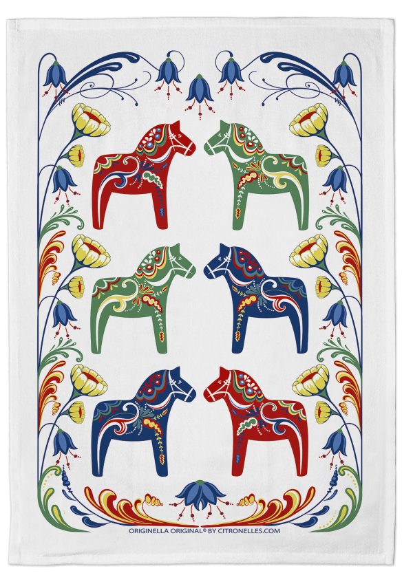 Tea Towel: "Dalom" Swedish Dala Horse on White Kitchen Towel with "Kurbits" Swedish Flowers " Made in Sweden
