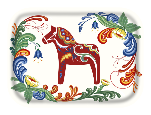 Tray: "Dalom" Swedish Dala Horse on White Rectangular Birch Veneer Tray with "Kurbits" Swedish Flowers 8"x10.5" Made in Sweden