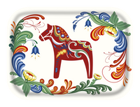Tray: "Dalom" Swedish Dala Horse on White Rectangular Birch Veneer Tray with "Kurbits" Swedish Flowers 8"x10.5" Made in Sweden
