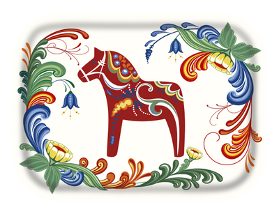 Tray: "Dalom" Swedish Dala Horse on White Rectangular Birch Veneer Tray with "Kurbits" Swedish Flowers 8"x10.5" Made in Sweden