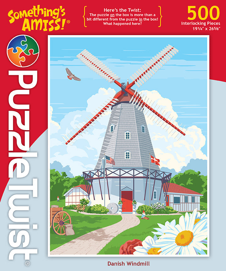 Steve Thomass PuzzleTwist: Danish Windmill features a vibrant windmill scene with flowers, a bird, and charming buildings on the box cover. This 500-piece puzzle challenges and delights puzzlers with its interlocking pieces and unique twist.