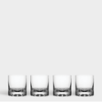The Orrefors Erik Double Old Fashioned Glass 12oz (4-Pack) set features four pristine glasses arranged in a row on a plain background, highlighting their elegant clear glass design.