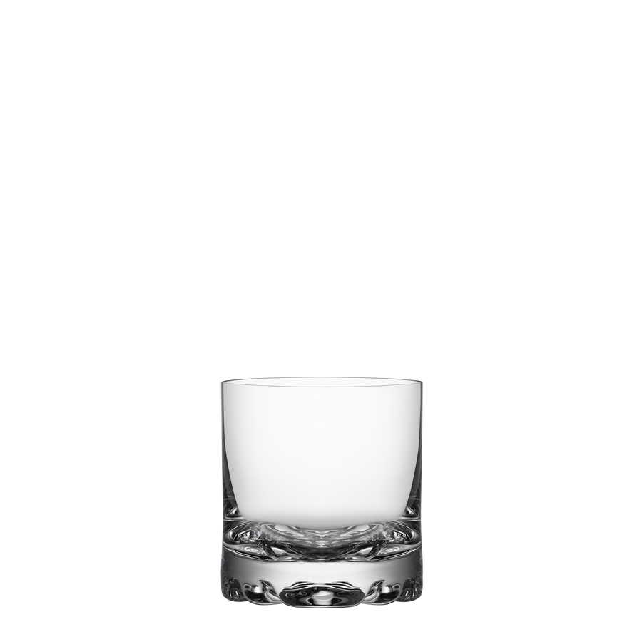 An Orrefors Erik Double Old Fashioned Glass in a 12oz size and part of a 4-pack rests elegantly on a white background, highlighting its clear, refined design as an ideal whiskey glass.