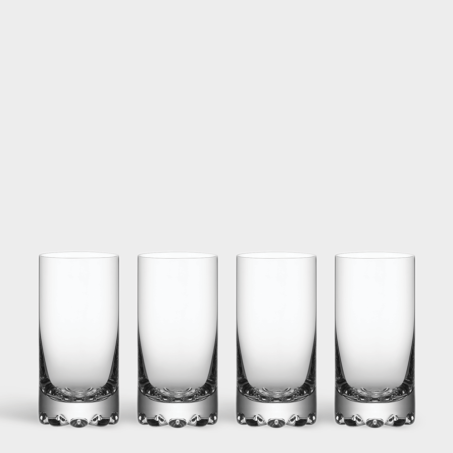 Four Orrefors Erik Highball Glasses, each with a simple Scandinavian design, are evenly arranged in a row against a plain white background.