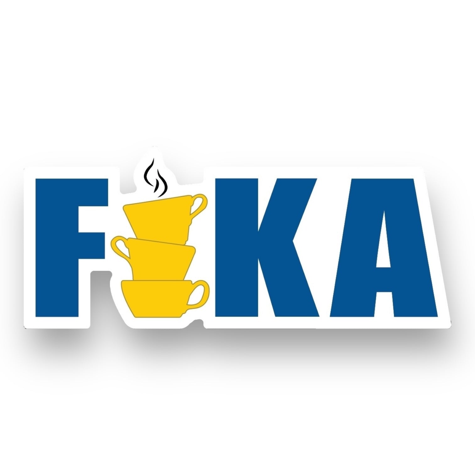The Nordic Sticker: Fika features “FIKA” in bold blue, with three stacked yellow coffee cups as the “I”—perfect for Buy 3 Get 1 Free promos on BOGOS.io. Glossy, UV/water-resistant, easy peel, dishwasher safe (4 x 1.7 in).