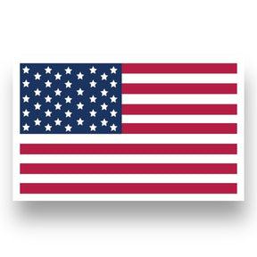 The image features the Nordic Sticker: United States of America Flag, showcasing 50 white stars on a blue field with 13 red and white stripes. Made in the USA, glossy, UV & water-resistant, dishwasher safe, easy to peel. Buy 3 get 1 free!.