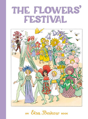 The cover of "Book: The Flowers' Festival a Mini Elsa Beskow Book" features people dressed as flowers with butterflies and insects on white. The title is at the top, and Elsa Beskow’s name appears at the bottom.