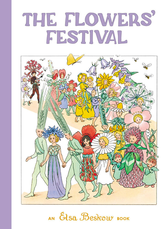 The cover of "Book: The Flowers' Festival a Mini Elsa Beskow Book" features people dressed as flowers with butterflies and insects on white. The title is at the top, and Elsa Beskow’s name appears at the bottom.
