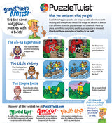 Infographic for PuzzleTwist: Cabin Fever by Kevin Cannon 1000 pieces Somethings Amiss! shows box art vs. completed puzzle, highlighting unexpected differences with titles like The Ah-ha Experience and The Little Victory.