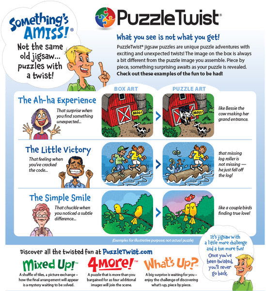 Infographic for PuzzleTwist: Cabin Fever by Kevin Cannon 1000 pieces Somethings Amiss! shows box art vs. completed puzzle, highlighting unexpected differences with titles like The Ah-ha Experience and The Little Victory.