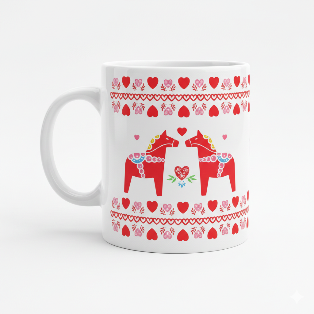 The Dala Love Coffee Mug (11oz) features red Swedish Dala horse designs, heart patterns, and floral motifs in horizontal rows—a charming Scandinavian mug perfect for cozy coffee moments.