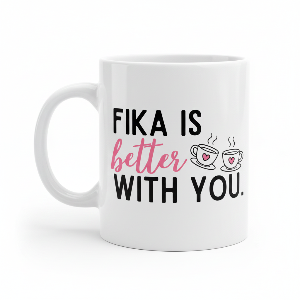 The Coffee Mug: Fika is Better With You Coffee Mug (11oz) is a white ceramic mug with "Fika is better with you." in black and pink, two illustrated cups, hearts, and steam—ideal as a sweet gift or for Valentine’s Day.