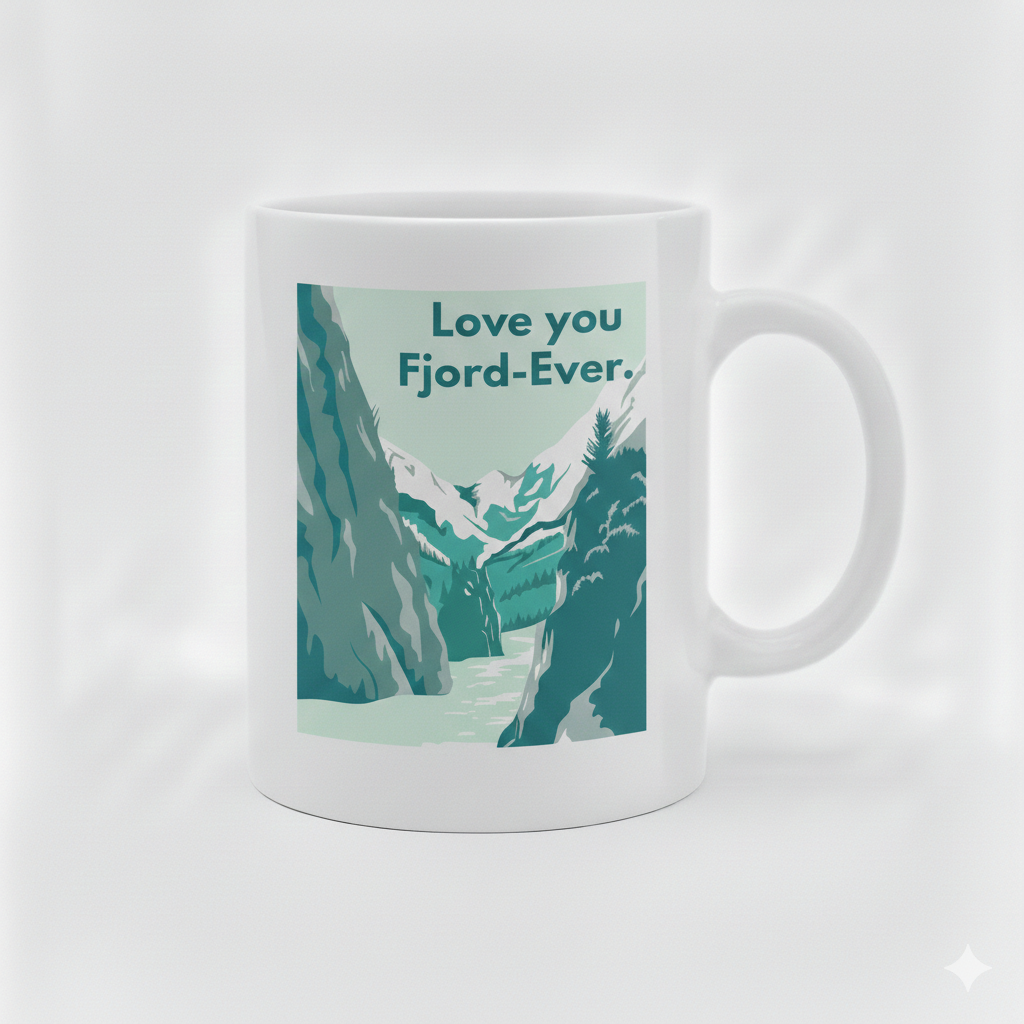 The Coffee Mug: Love you Fjord-Ever Coffee Mug (11oz) features white ceramic, a fjord landscape illustration, and "Love you Fjord-Ever." in green—perfect for those who appreciate scenic views and heartfelt messages.