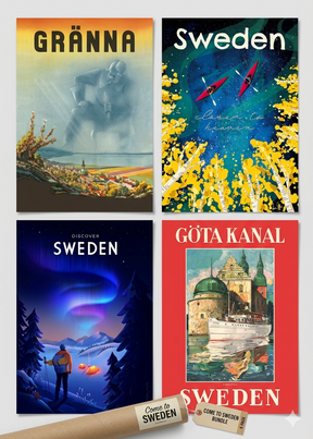 The "Come to Sweden" 4-Pack Poster Collection features vibrant vintage-style posters of Gränna, Göta Kanal, a hiker, and Sweden, capturing Nordic art vibes—a rolled-up poster completes this unique bundle.