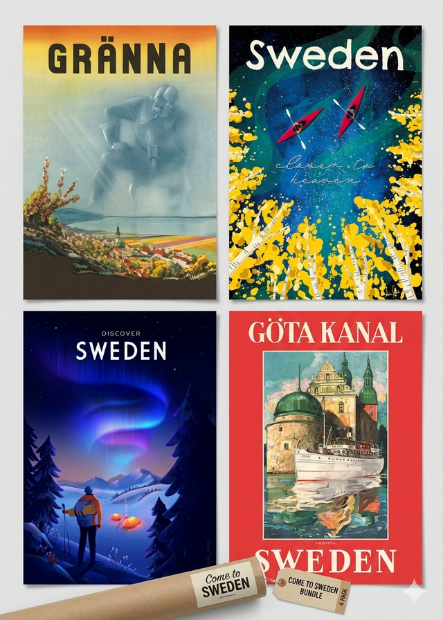 The "Come to Sweden" 4-Pack Poster Collection features vibrant vintage-style posters of Gränna, Göta Kanal, a hiker, and Sweden, capturing Nordic art vibes—a rolled-up poster completes this unique bundle.
