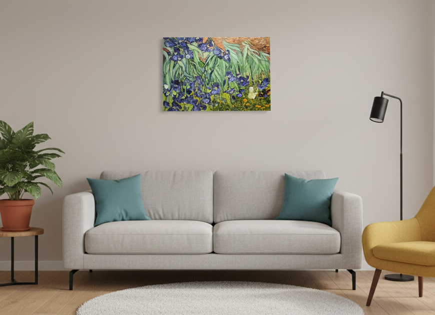 A modern living room with a gray sofa, teal pillows, a yellow armchair, potted plant, standing lamp, and the Artwork: Irises Vincent Van Gogh 1853 - 1890 Print on Canvas displayed above the sofa.