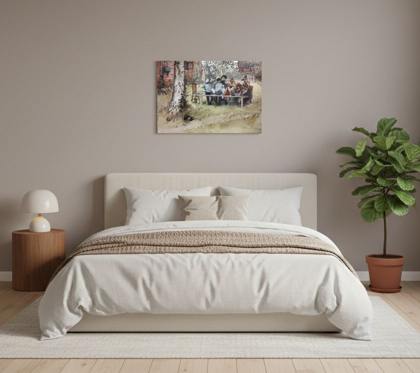 A neatly made bed with neutral bedding is centered in a minimalist bedroom, featuring a potted plant, a side table with lamp, and the "Artwork: Breakfast Under the Big Birch Carl Larsson 1853-1919 Print on Canvas" above the headboard.