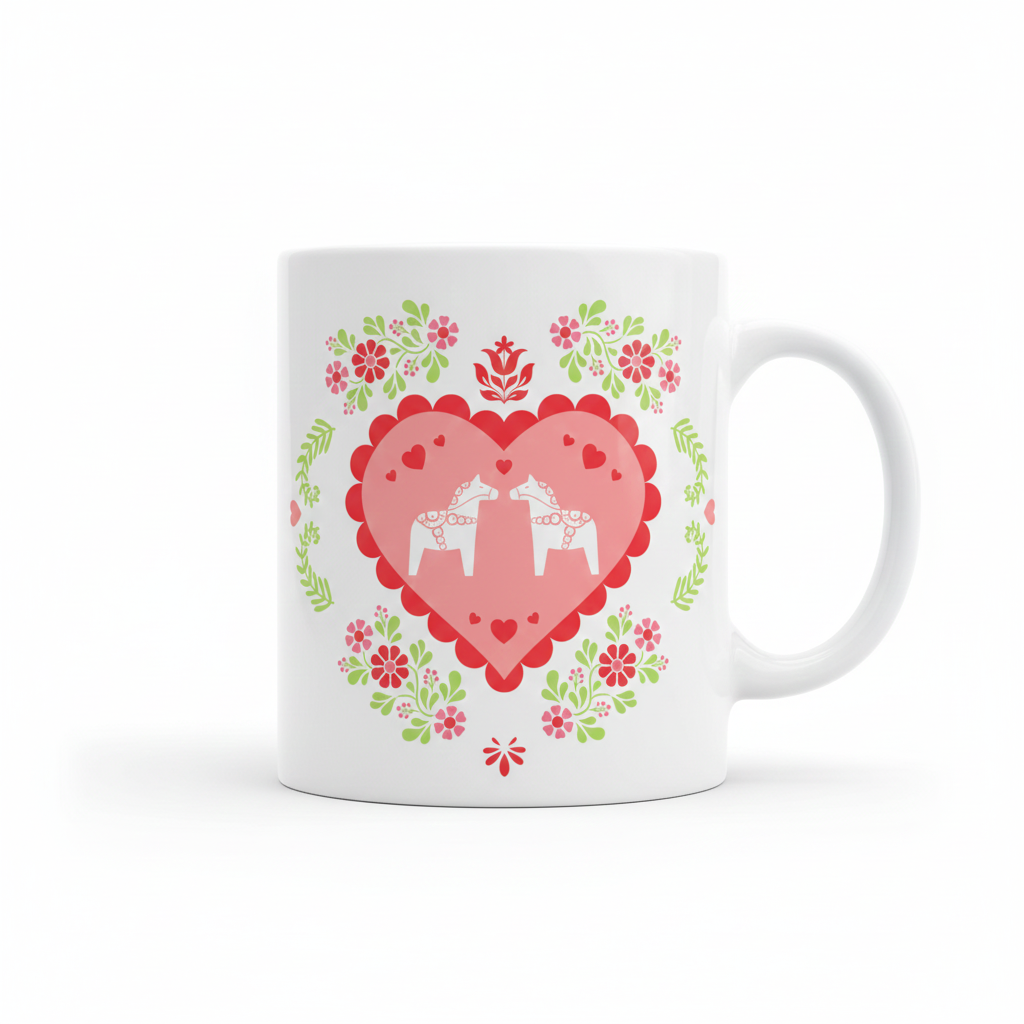 The Dala Sweetheart Coffee Mug (11oz) is a white Scandinavian mug with a red heart, two facing Dala horses, and green and red floral patterns.