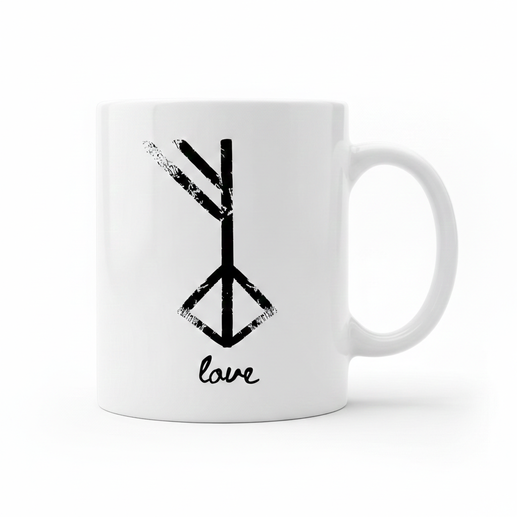 White ceramic Coffee Mug: Nordic Rune Ást (11oz) featuring a black rune symbol above the word "love" in cursive, inspired by Scandinavian design.