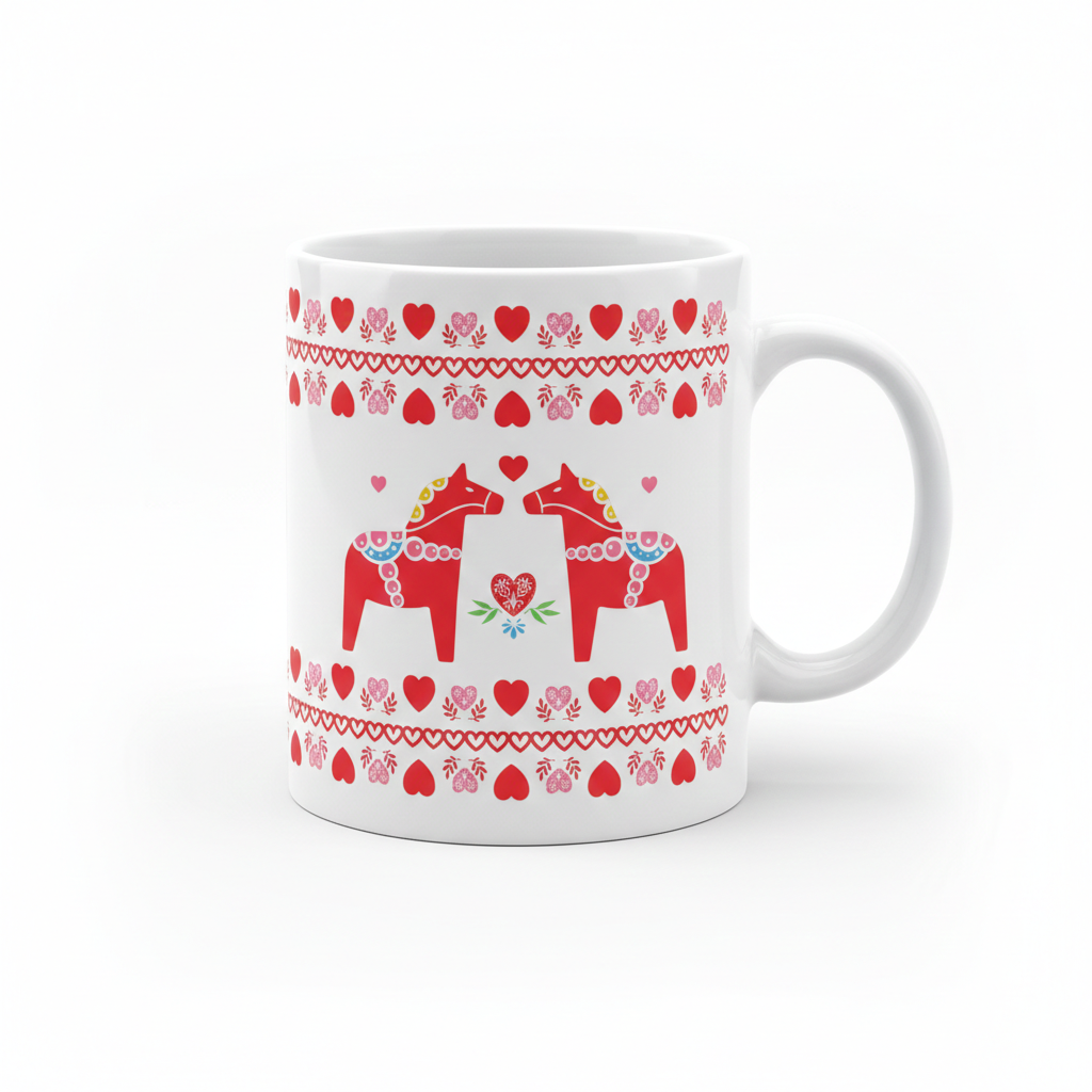 The Coffee Mug: Dala Love Coffee Mug (11oz) is a white ceramic mug with two red horses facing each other, adorned with red and pink heart and floral patterns—perfect for fans of classic Scandinavian design.