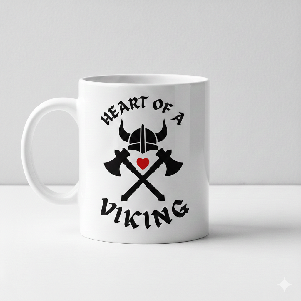 The Coffee Mug: Heart of a Viking Coffee Mug (11oz) features two crossed axes, a Viking helmet, a red heart, and bold black “Heart of a Viking” text—an ideal Viking coffee mug or unique gift.