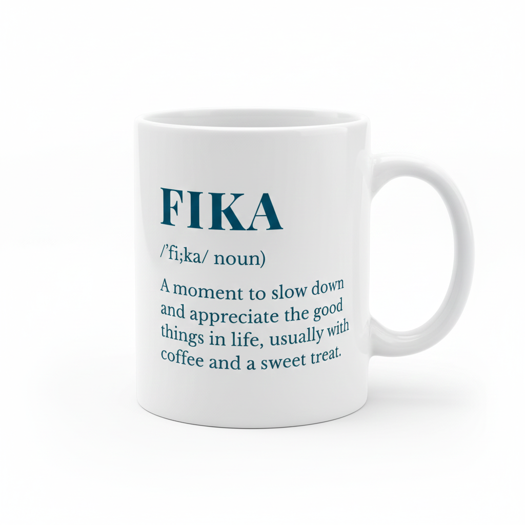 The Coffee Mug: Fika Definition Coffee Mug (11oz) features teal text on white, defining FIKA as a noun—a moment to slow down and enjoy life, coffee, and treats. A thoughtful mindfulness gift for anyone who cherishes simple pleasures.