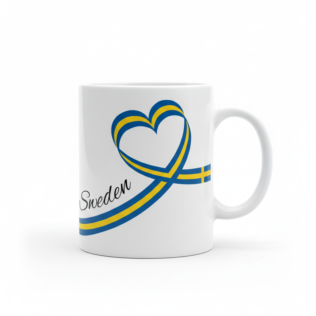 The Love for Sweden Coffee Mug (11oz) features a blue and yellow heart-shaped ribbon inspired by the Swedish flag with "Sweden" on the front—perfect as a Scandinavian gift.