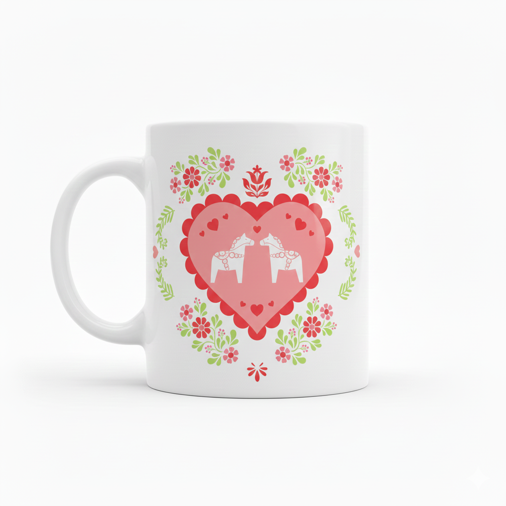 The Dala Sweetheart Coffee Mug (11oz) is a white ceramic mug featuring two stylized horses in a large red heart with red, pink, and green floral accents—a charming Scandinavian-inspired choice for coffee lovers.