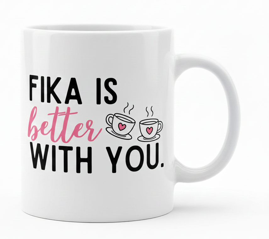 The 11oz Coffee Mug: Fika is Better With You features two coffee cups with hearts and steam, plus the phrase "FIKA IS better WITH YOU," making it an ideal Valentine’s Day mug or special gift.