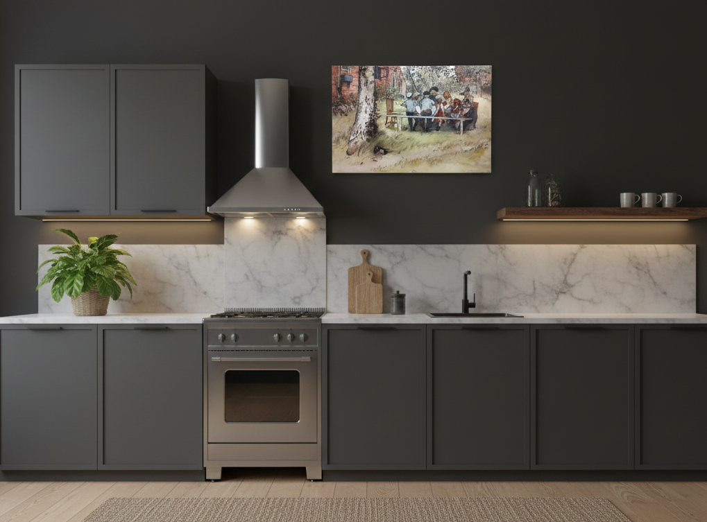 Modern kitchen with dark cabinets, marble backsplash, stainless steel oven and hood, potted plant, and a "Breakfast Under the Big Birch" Carl Larsson print on canvas above the counter adds a touch of Swedish art reproduction charm.