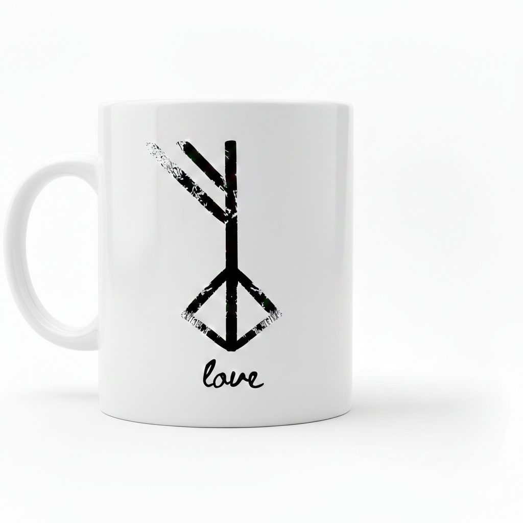 The Coffee Mug: Nordic Rune Ást Coffee Mug (11oz) is a white mug with a black geometric rune above "love" in cursive, inspired by Scandinavian design—perfect for those who appreciate Icelandic style.
