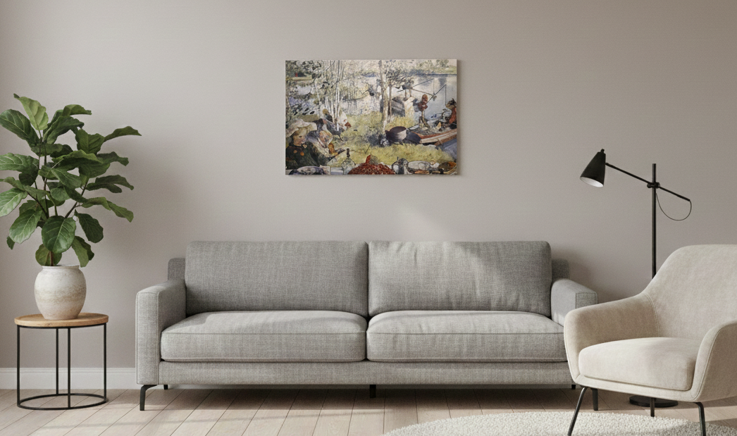 A living room with a gray sofa, beige armchair, potted plant, floor lamp, and the "Artwork: The Crayfish Season Opens Carl Larsson 1897 Print on Canvas" displayed on the light-colored wall.