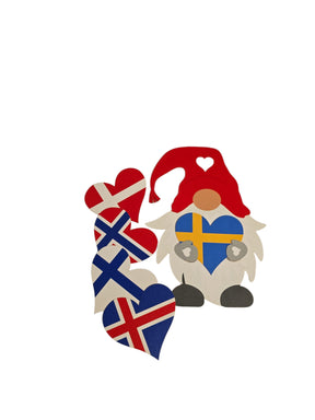 The Card: Tomte - Nisse - Gnome Holding a Scandinavian Heart Flag features a gnome with a red hat beside five heart flags representing Norway, Sweden, Denmark, Iceland, and one additional Scandinavian country on white.