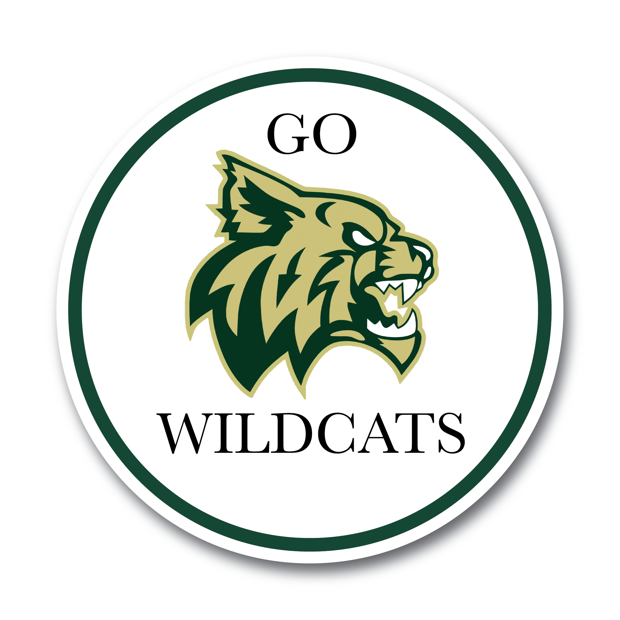 The Go Wildcats sticker features a circular logo with a snarling wildcat in vibrant green and gold, and the text "Go Wildcats" elegantly arched above and below, allowing fans to display their spirit proudly.