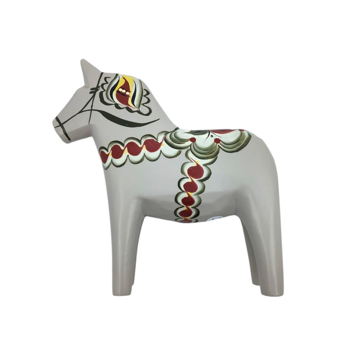 The Dala Horse: Anniversary Series Swedish Dala Horse Anders in gray is hand-carved and features red, yellow, and green kurbits patterns, standing gracefully in profile.