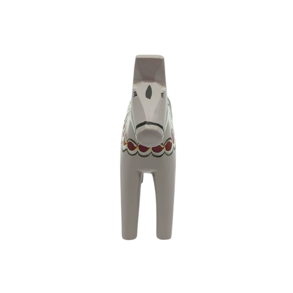 The front view of the white ceramic horse figurine displays decorative black and red patterns. These designs pay homage to traditional Swedish Dala Horse artistry, reminiscent of the iconic Kurbits style and cultural craftsmanship, much like the Anders edition from the Dala Horse: Anniversary Series.