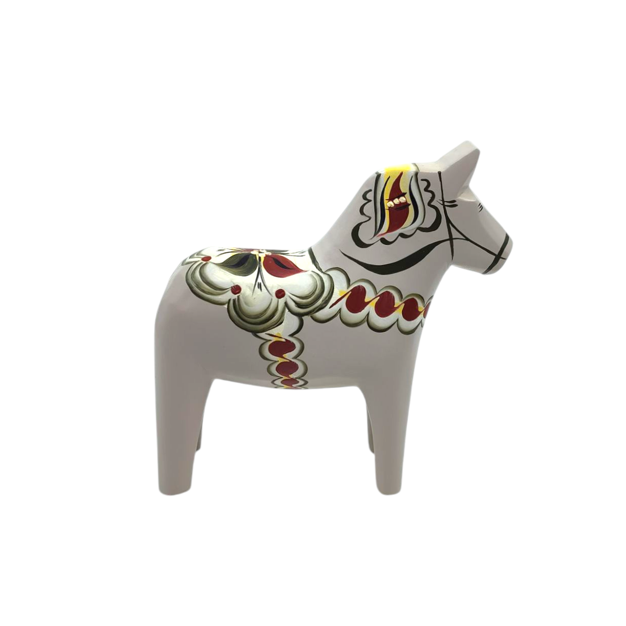 A small, expertly hand-carved Swedish Dala Horse figurine from the Anniversary Series, known as Anders in gray, ornately painted with vibrant designs on a white base.