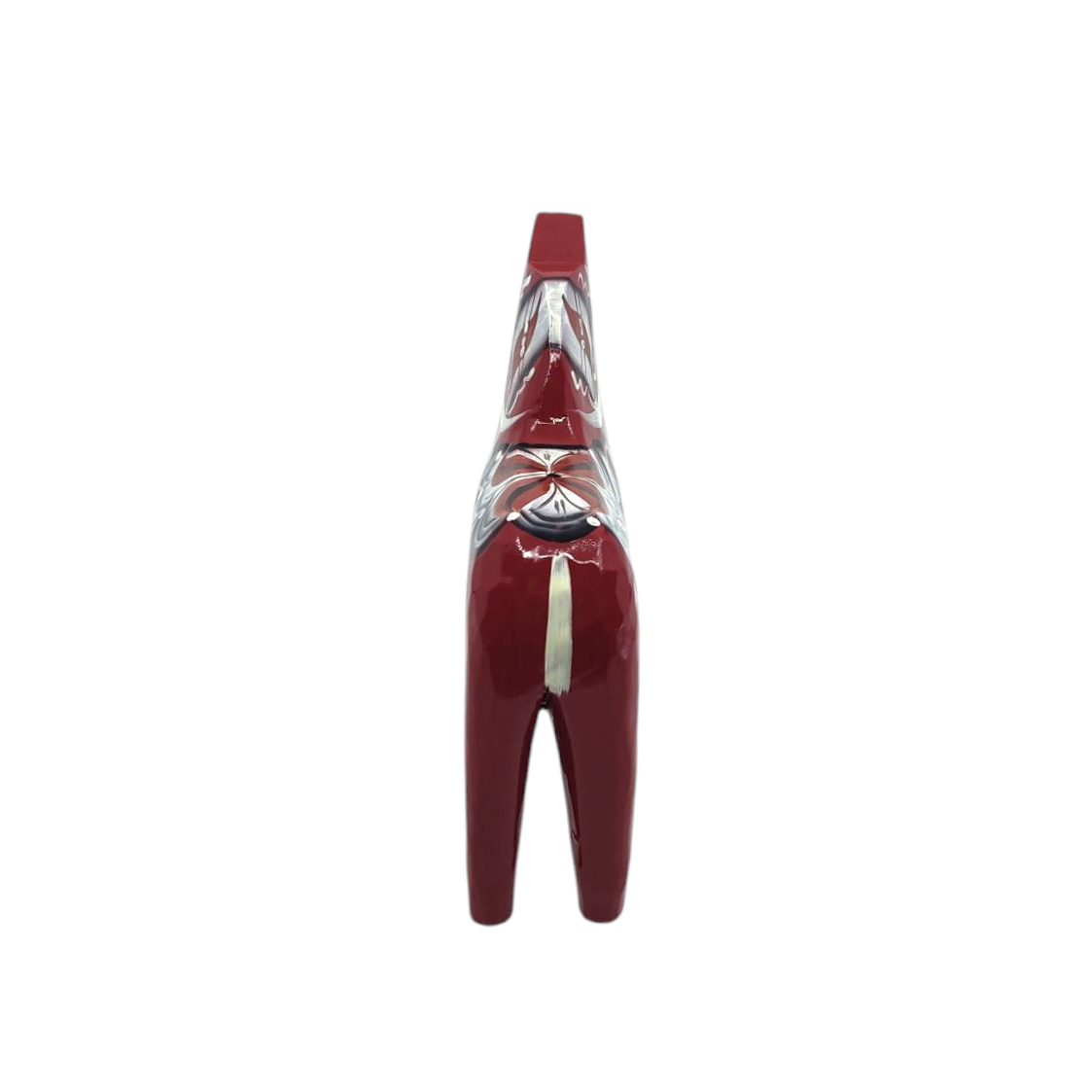 The Anniversary Series Swedish Dala Horse Maria features a red ceramic design viewed from the front, adorned with traditional white and black patterns, capturing authentic Swedish craftsmanship.