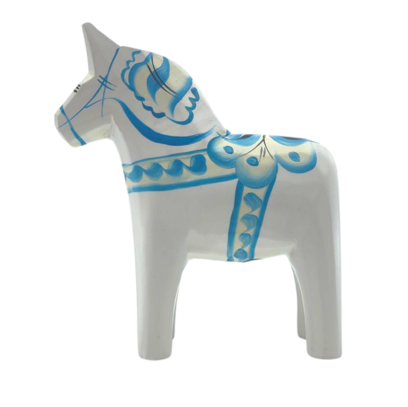 The Dala Horse: Pastel on White Swedish Dala Horse with Kurbits features a white figurine decorated with pastel kurbits patterns, showcasing its rich Swedish heritage against a pristine backdrop.