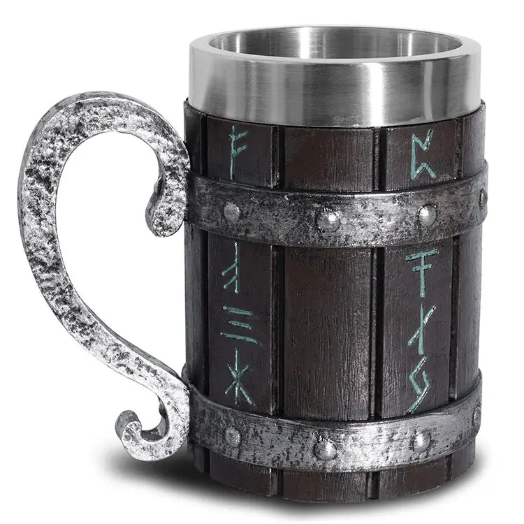 The Viking Runic Barrel Mug (20oz) features dark wood with metal bands, a handle, and teal engraved runes. Its stainless steel interior contrasts with the rustic resin exterior, offering a remarkable mix of tradition and durability.