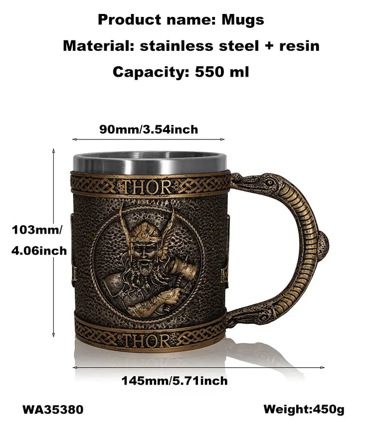 Presenting the "Mug: Thor, God of Thunder & Lightning," a decorative handle-equipped mug adorned with warrior-themed imagery. Featuring a resin exterior and a stainless steel interior, this mug measures 90mm in diameter, 103mm in height, and 145mm in length. It has a capacity of 550ml and weighs 450g.