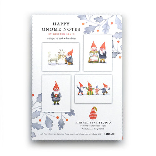Card Pack: Happy Gnome Notes by Kirsten Sevig features four charming gnome designs with illustrated envelopes and a decorative gray and orange leaf border. Printed on recycled paper.