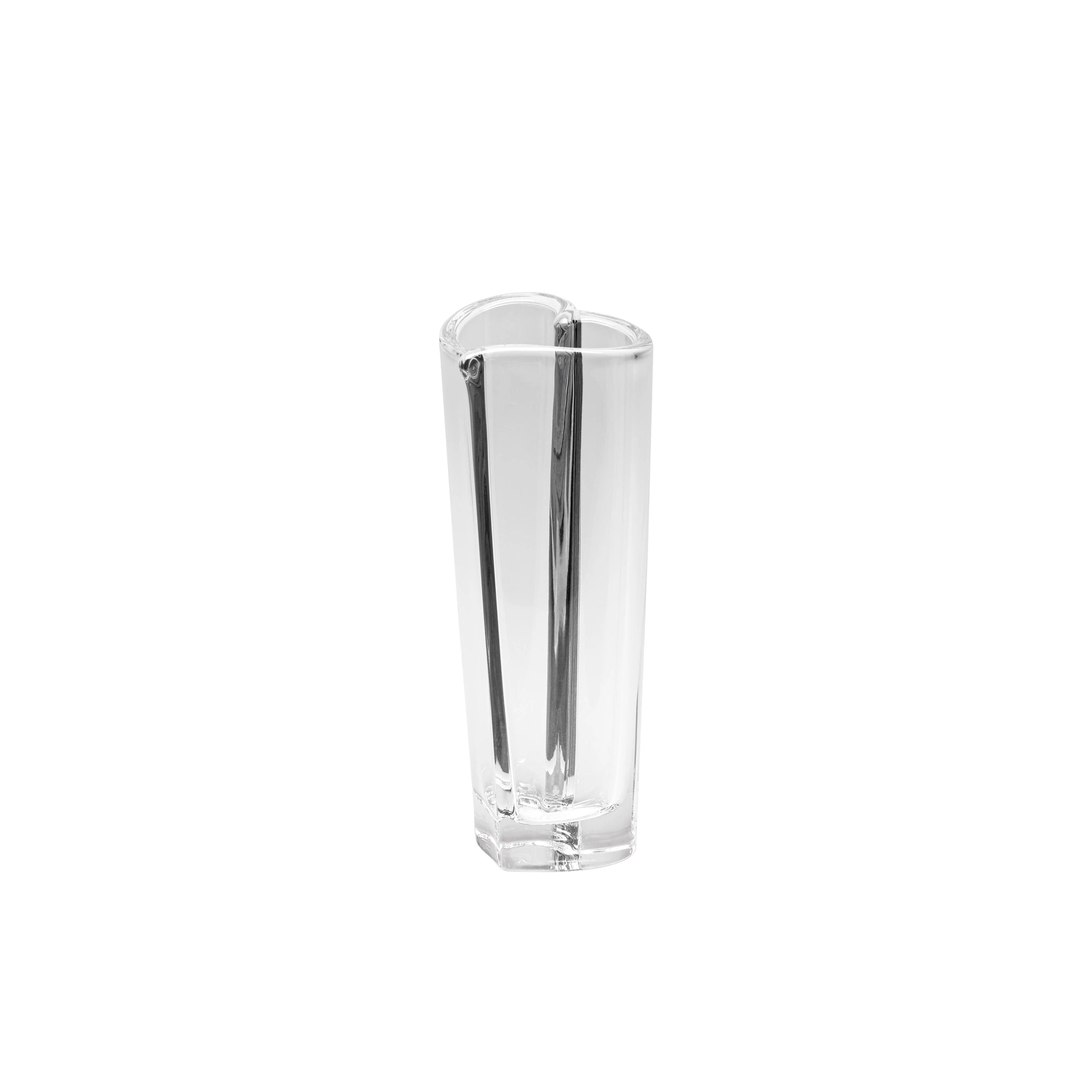 Orrefors: Heart Bud Vase—a clear crystal glass piece with an irregular wavy rim and narrow base. Displayed on a white background, it echoes timeless elegance and craftsmanship found in Orrefors creations.