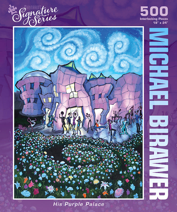 Explore the artistic world with PuzzleTwist’s 500-piece puzzle His Purple Palace by artist Michael Birawer, showcasing lively figures and whimsical buildings under a starlit night sky.