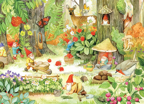 Product features gnomes gardening in a woodland setting with deer, foxes, flowers, mushrooms, and a bird near a gnome house; art style inspired by Mirka Hokkanen.