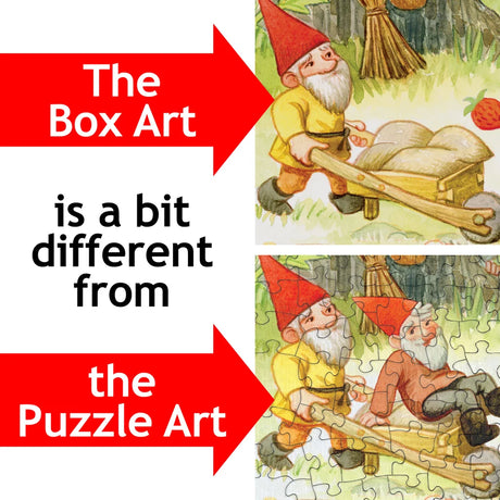 Jigsaw puzzle with two gnomes pushing wheelbarrows in a woodland setting; box and assembled puzzle show the gnomes in different positions.
