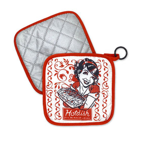 Set includes two potholders: one plain silver quilted, and the "Hot Dish" red and white potholder with hanging ring by Adam Turman, featuring a retro woman holding a casserole and “Hot Dish” printed below.