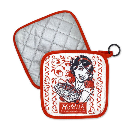 Set includes two potholders: one plain silver quilted, and the "Hot Dish" red and white potholder with hanging ring by Adam Turman, featuring a retro woman holding a casserole and “Hot Dish” printed below.