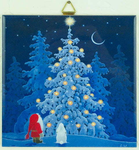 A 6" ceramic tile features Tomte in a red coat and a bunny by a snowy, decorated pine tree under a starry sky, capturing the charm of Scandinavian holiday décor—Tile: Tomte & Bunny at Tree by Eva Melhuish.